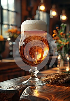 Glass of cold light beer with ears of ripe barley and wheat on the wooden bar counter in pub