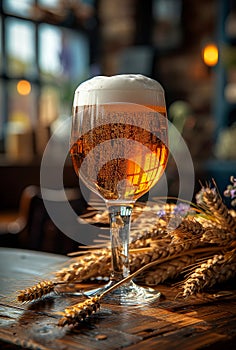 Glass of cold light beer with foam on the table in pub with wheat and barley ears on the background.