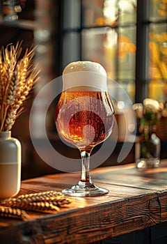 Glass of cold light beer with foam on the wooden bar counter in pub