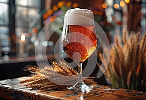 Glass of cold light beer with foam on the wooden bar counter in pub