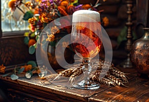 Glass of cold light beer with foam on the wooden table in vintage pub