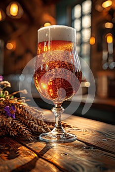 Glass of cold light beer on the wooden bar counter in pub