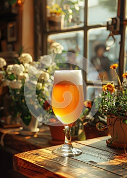 Glass of cold light beer on wooden table in pub