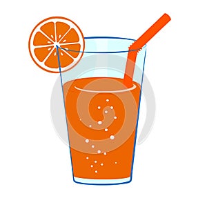 Glass cold of orange juice with orange slice and a straw. Vector illustration Icon of fresh tropical juice.