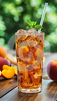 Glass of cold peach ice tea with ice cubes and straw. AI generated.