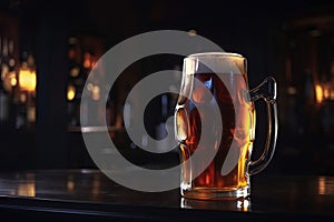 A glass of cold refreshing beer on a dark bar scene - ai generated art