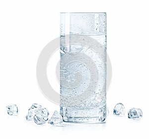 Glass of cold sparkling water and ice