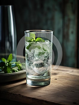 Glass of cold water with fresh mint leaves and ice cubes on blurred background.