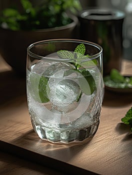 Glass of cold water with fresh mint leaves and ice cubes on blurred background.