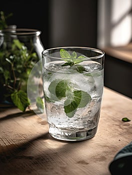 Glass of cold water with fresh mint leaves and ice cubes on blurred background.