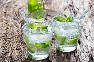 Glass of cold water with fresh mint leaves and ice cubes on old wooden background