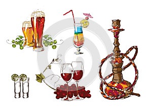 Glass with a color cocktail, beer, vine and hookah