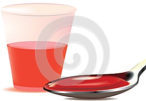 Glass container containing red syrup to relieve cough photo
