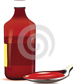 Glass container containing red syrup to relieve cough photo