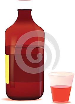 Glass container containing red syrup to relieve cough photo