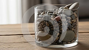 Glass container filled with assorted smooth pebbles of various