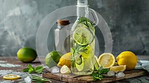 Glass container with lemons and limes