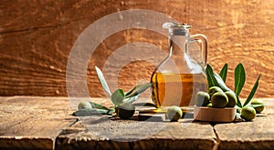 Glass container with olive oil branches and olives on a wooden background. Long banner format