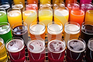 glass containers filled with different, brightly colored ipas