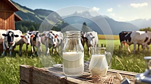 Glass containers filled with milk and dairy cows in the background on a sunny meadow. Generative Ai