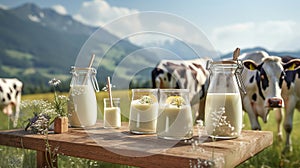 Glass containers filled with milk and dairy cows in the background on a sunny meadow. Generative Ai
