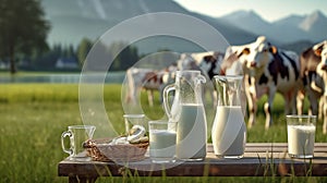 Glass containers filled with milk and dairy cows in the background on a sunny meadow. Generative Ai