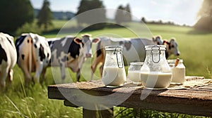 Glass containers filled with milk and dairy cows in the background on a sunny meadow. Generative Ai