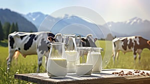 Glass containers filled with milk and dairy cows in the background on a sunny meadow. Generative Ai