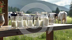 Glass containers filled with milk and dairy cows in the background on a sunny meadow. Generative Ai