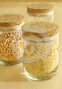 Glass containers with rice and peas