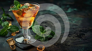 Glass containing ice cubes topped with fresh mint leaves on wooden table.