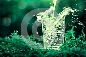 A glass of cool fresh water on natural green background
