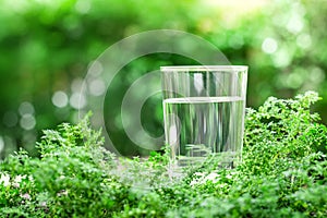 A glass of cool fresh water on natural green background