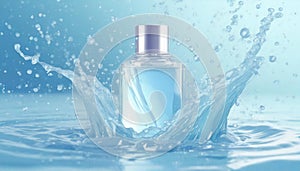 Glass cosmetic bottle with abstract water splash blue background for banner