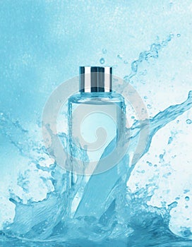 Glass cosmetic bottle with abstract water splash blue background for banner