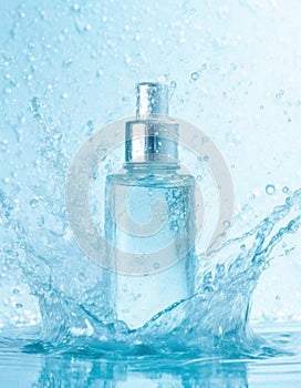 Glass cosmetic bottle with abstract water splash blue background for banner