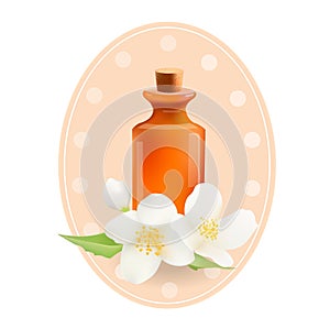 Glass Cosmetic Bottle with Jasmine. Vector Isolated Illustration. Template Elements for Cosmetic Shop, Spa Salon, Beauty Products