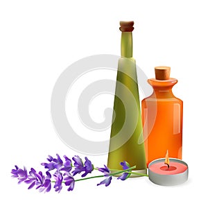 Vaso cosmético botellas a vela lavanda rama. ilustraciones. plantilla elementos cosmético la tienda balneario 