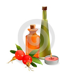 Glass Cosmetic Bottles and Candle with Rosehip. Vector Isolated Illustration. Template Elements for Cosmetic Shop, Spa Salon, Bea