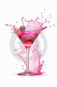Glass of cosmopolitan cocktail on white background.