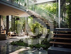 Glass courtyard with greenery in modern house. Home interior design with staircase