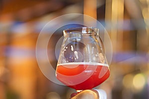 A glass of craft beer with infused raspberry flavor during testing event in Burlington, Vermont, USA.