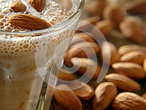 A glass of creamy almond milk surrounded by whole almonds, creating a harmonious display of nutty goodness