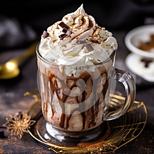 A glass of creamy hot chocolate, topped with a swirl of whipped cream