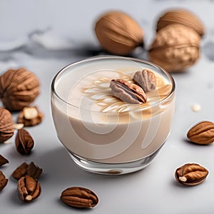 A glass of creamy walnut almond milk with a splash of honey2