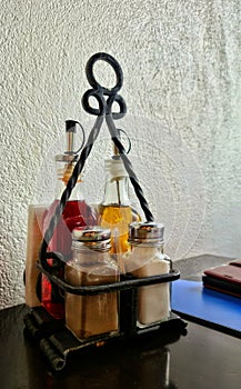 Glass cruet set at Taverna Sarbului