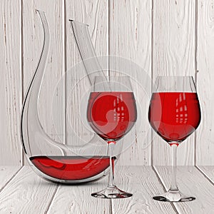 Glass Crystal Decanter with Red Wine and Two Wine Glasses. 3d Re