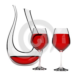 Glass Crystal Decanter with Red Wine and Two Wine Glasses. 3d Re