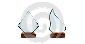 Glass and crystal trophy award on wooden stand.