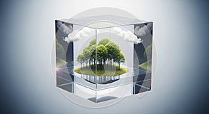 Glass Cube with Floating Trees